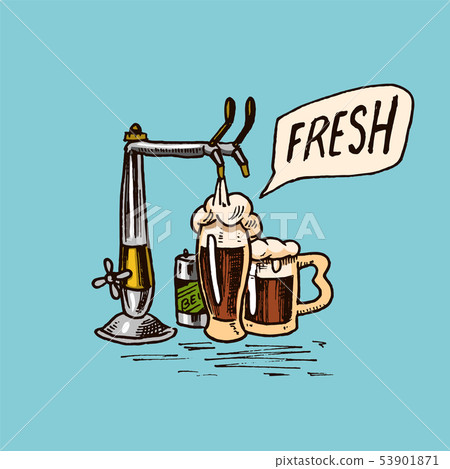 Glass of beer in vintage style. Alcoholic Label with Keg and crane. Classic American badge for 53901871