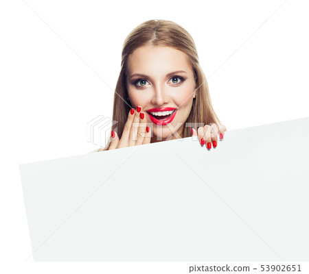 Surprised woman holding white empty paper board 53902651