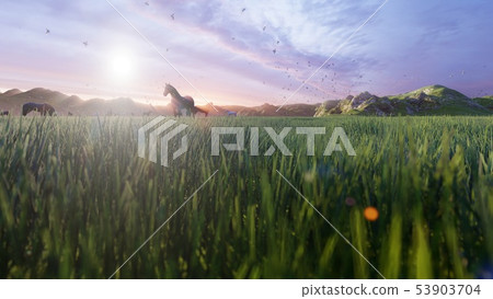 A herd of young horses graze on a picturesque green meadow on a beautiful summer morning. 3D A herd of young horses graze on a picturesque green meadow on a beautiful summer morning. 3D 53903704