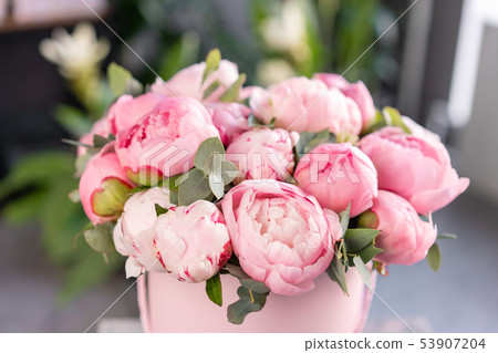 Pink peonies on the old grey table. Beautiful peony flower for catalog or online store. Floral shop 53907204