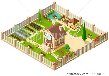 Private country house and garden. 3d isometric Private country house and garden. 3d isometric 53908102