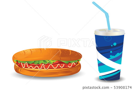 hotdog and sparkling water on the white background 53908174