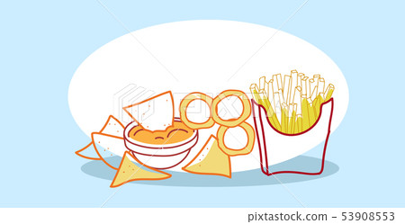 tasty snack tortilla chips with sauce in bowl french fries paper cup fast food classic american tasty snack tortilla chips with sauce in bowl french fries paper cup fast food classic american 53908553