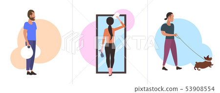 woman cleaner wiping glass mirror man holding bags with groceries walking with dog people doing woman cleaner wiping glass mirror man holding bags with groceries walking with dog people doing 53908554
