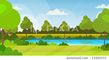 beautiful scenery in nature of river with trees around summer landscape background flat horizontal 53908555