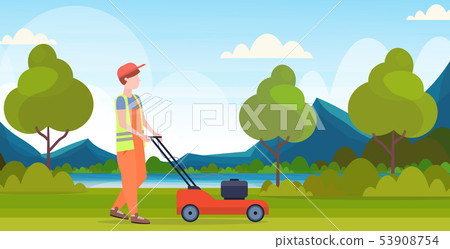 man gardener in uniform cutting grass with lawn mower gardening concept beautiful river mountains man gardener in uniform cutting grass with lawn mower gardening concept beautiful river mountains 53908754