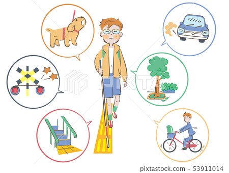 與白色藤莖的視覺受損的男孩例證走,當檢查公路安全時 與白色藤莖的視覺受損的男孩例證走,當檢查公路安全時 53911014