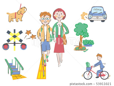 Visually weak boy with white cane walking while checking the road safety, and woman guiding with illustrations Visually weak boy with white cane walking while checking the road safety, and woman guiding with illustrations 53911021