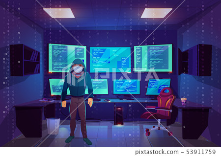 Hacker in server room, multiple computer monitors Hacker in server room, multiple computer monitors 53911759