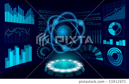 Virtual reality science research concept. HUD display work on project augmented reality. 3D atom Virtual reality science research concept. HUD display work on project augmented reality. 3D atom 53912971