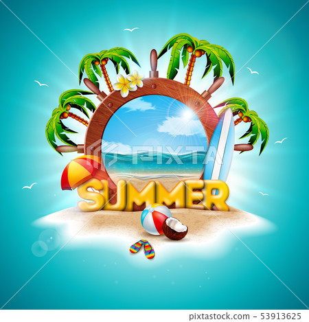 Vector Summer Holiday Illustration with Ship Steering Wheel and Exotic Palm Trees on Tropical Island Vector Summer Holiday Illustration with Ship Steering Wheel and Exotic Palm Trees on Tropical Island 53913625