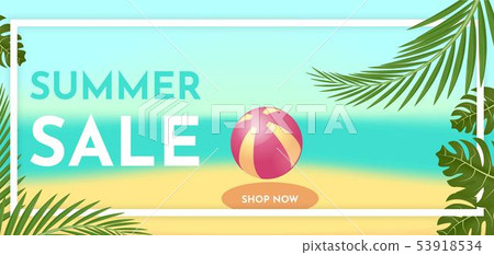 Summer sale banner template with tropic leaves. Hot offer concept. Vector illustration. 53918534
