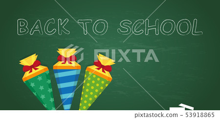 blackboard with chalk and candy cone with text back to school 53918865