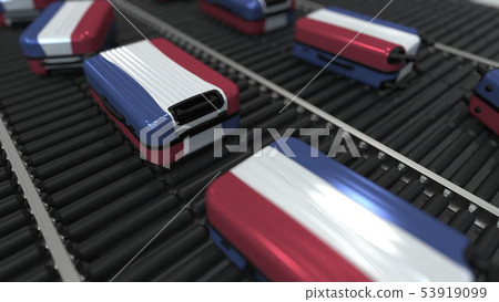 Many travel suitcases featuring flag of the Netherlands. Dutch tourism conceptual 3D rendering Many travel suitcases featuring flag of the Netherlands. Dutch tourism conceptual 3D rendering 53919099