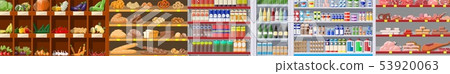 Supermarket shelves with groceries. 53920063