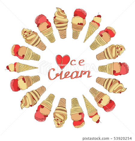 Circle made of elements. Hand drawn ice creams in waffle cones. Lettering.Calligraphy phrase. I love 53920254