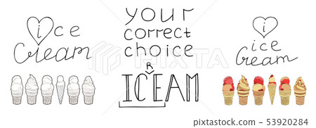 Set of vector hand drawn ice creams in waffle cones with cherries and calligraphic phrases isolated Set of vector hand drawn ice creams in waffle cones with cherries and calligraphic phrases isolated 53920284