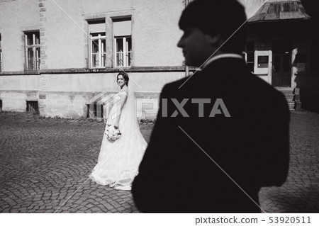 Back view of groom standing back and looking on his bride Back view of groom standing back and looking on his bride 53920511