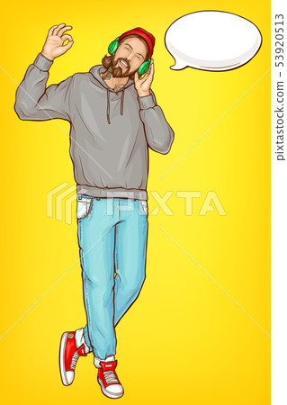 Hipster man in headphones cartoon vector portrait 53920513
