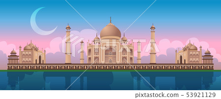 Sunset at Taj Mahal in Agra, India, panoramic city vector 53921129