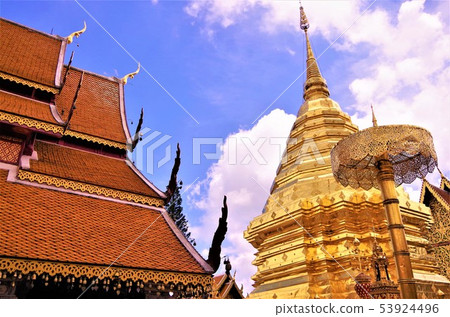 Pagodas / image of Thai Buddhist temple with golden color (Chiang Mai) Pagodas / image of Thai Buddhist temple with golden color (Chiang Mai) 53924496