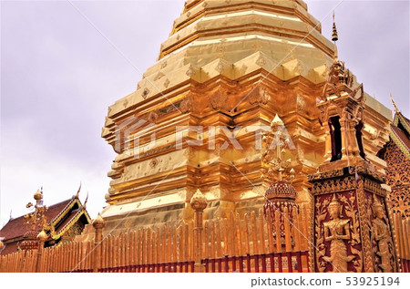 Pagodas / image of Thai Buddhist temple with golden color (Chiang Mai) Pagodas / image of Thai Buddhist temple with golden color (Chiang Mai) 53925194