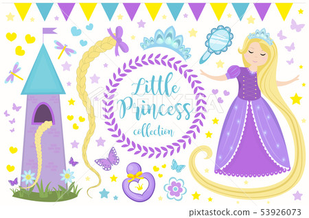Cute little princess Rapunzel set objects. Collection design element with pretty girl, tower Cute little princess Rapunzel set objects. Collection design element with pretty girl, tower 53926073