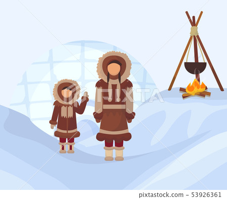 Eskimos in national clothes. Woman and child in traditional north pole costumes. Alaska people with Eskimos in national clothes. Woman and child in traditional north pole costumes. Alaska people with 53926361