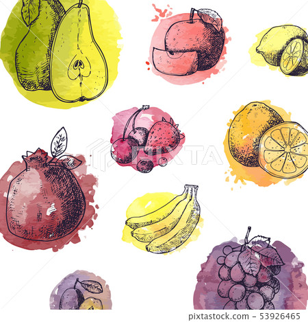 Seamless pattern with fruits in hand drawn style - vector illustration with watercolor stylized 53926465