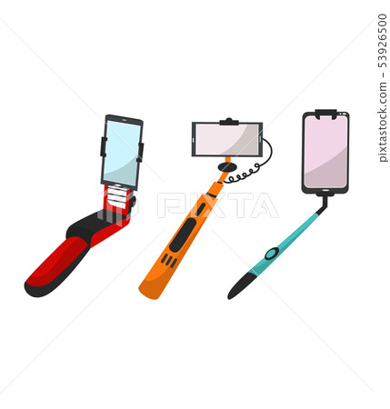 Selfie stick vector monopod with smartphone making photography self-portrait illustration set of 53926500