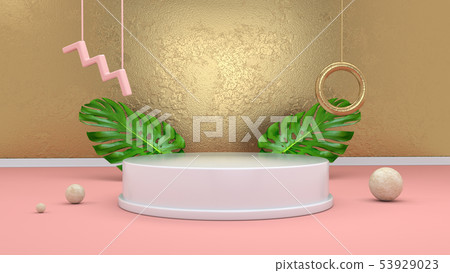 3d render abstract background with podium, spheres, golden elements and palm leaves in minimal pink 53929023