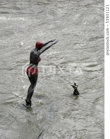 Sculptures of swimmers at river Vardar,Skopje,N 53931121
