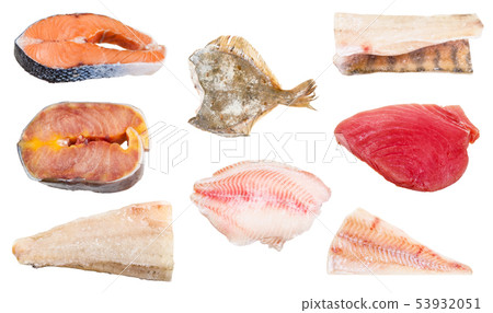 various raw frozen fishes, steaks and fillets 53932051