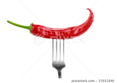 one hot red pepper on fork on white background one hot red pepper on fork on white background 53932846
