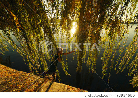 Portrait of a girl with willow branches in autumn 53934699