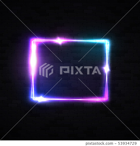 Neon rectangle laser wall sign on black brick background. Electric power glowing bulb banner light Neon rectangle laser wall sign on black brick background. Electric power glowing bulb banner light 53934729