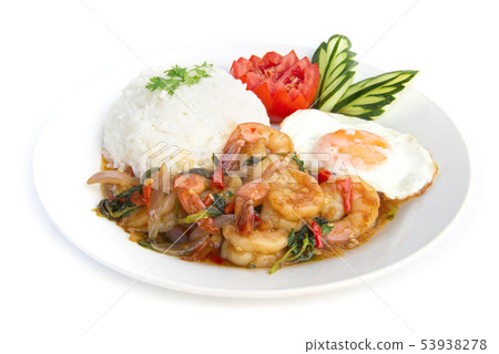 Thai food stir-fried shrimp spicy and basil served 53938278