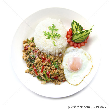 Thai food stir-fried pork spicy and basil served 53938279