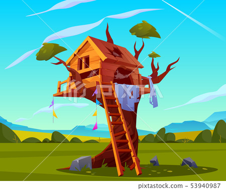 Abandoned house on tree, empty scary playground 53940987