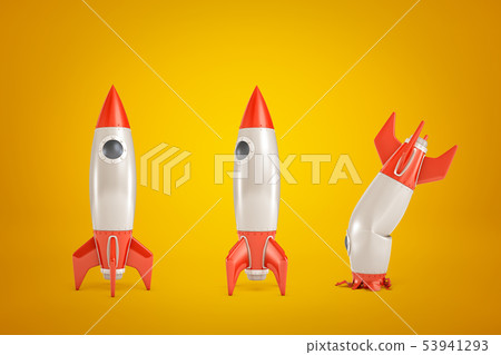 3d rendering of three rocketships in row, two standing upright, and one crash-landed upside down, on 3d rendering of three rocketships in row, two standing upright, and one crash-landed upside down, on 53941293