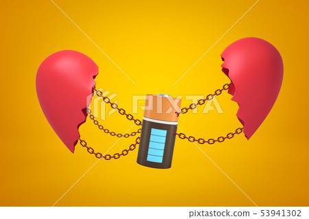 3d closeup rendering of electric battery suspended on chains between two parts of broken heart on 53941302