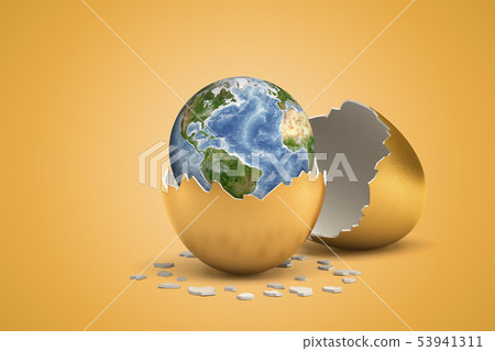 3d rendering of planet Earth that just hatched out from golden egg. 3d rendering of planet Earth that just hatched out from golden egg. 53941311