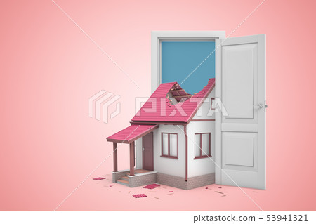 3d rendering of open door on pink gradient copyspace background and little house with big hole in 3d rendering of open door on pink gradient copyspace background and little house with big hole in 53941321