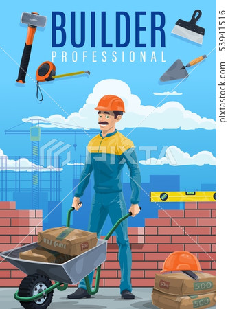Builder or construction worker with work tools Builder or construction worker with work tools 53941516