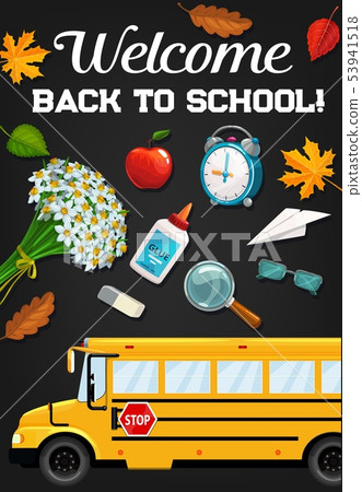 School bus and education supplies on blackboard School bus and education supplies on blackboard 53941518