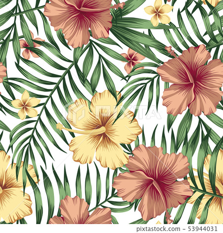 Golden burgundy hibiscus plumeria leaves seamless Golden burgundy hibiscus plumeria leaves seamless 53944031