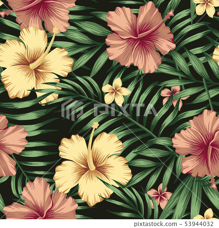 Golden burgundy hibiscus plumeria leaves seamless Golden burgundy hibiscus plumeria leaves seamless 53944032