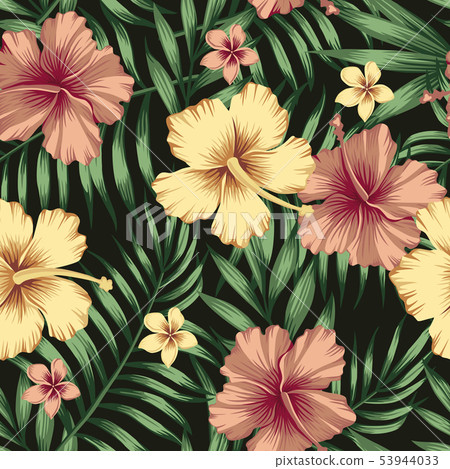 Golden burgundy hibiscus plumeria leaves seamless Golden burgundy hibiscus plumeria leaves seamless 53944033