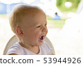 Cute toddler with dirty mouth. Portrait of the child after he has eaten yoghurt 53944926
