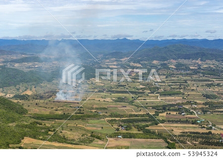 Aerial view of small area fire In the agricultural Aerial view of small area fire In the agricultural 53945324